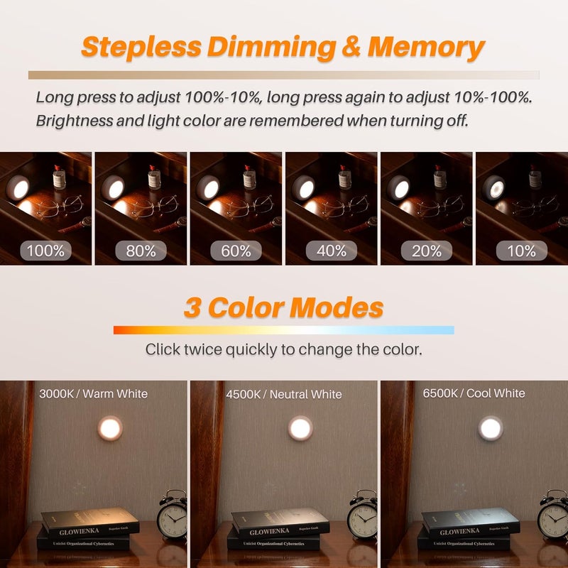 STAR-SPANGLED 4 Pack 3.1” Dimmable Push Tap Lights, Stick on LED Touch Puck Lights AA Battery Operated, 3 Color Modes Sticky Button Lamps for Classroom, Kitchen, Under Cabinet, Closet - Image 2